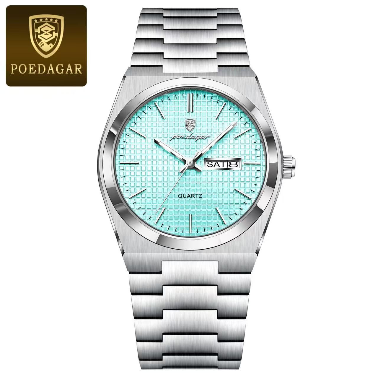 POEDAGAR  P821 Watch Stainless Steel Dual Calendar Display Men Fashion Classic Wrist Luminous Function Hardlex Glass Dial Watches