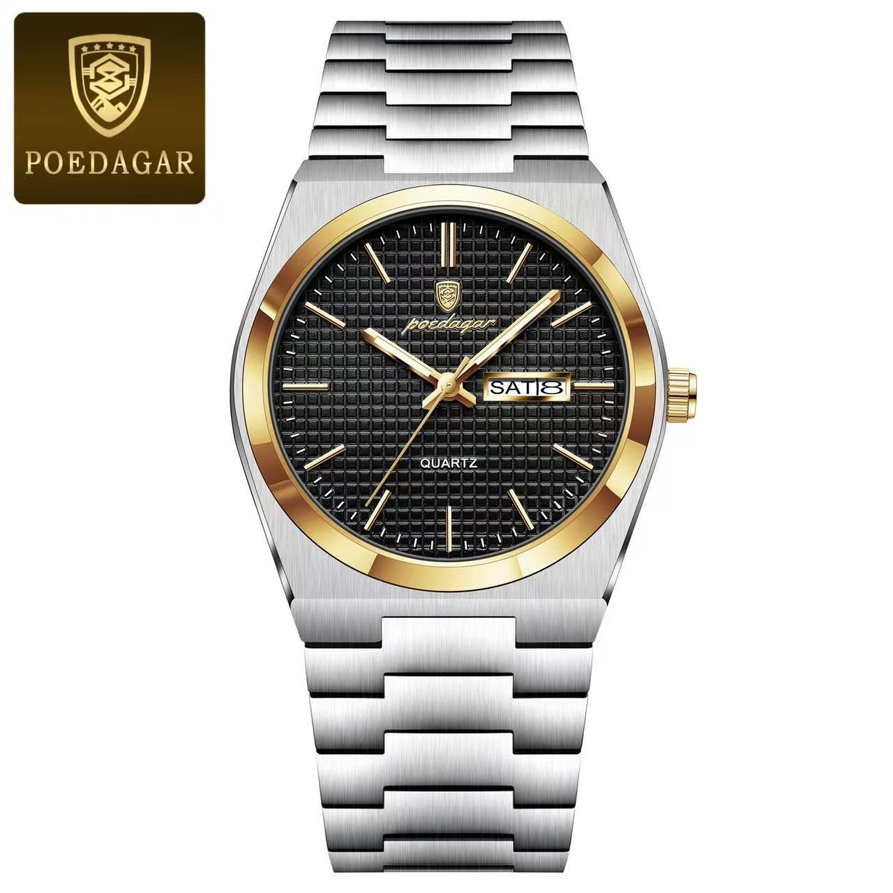 POEDAGAR  P821 Watch Stainless Steel Dual Calendar Display Men Fashion Classic Wrist Luminous Function Hardlex Glass Dial Watches