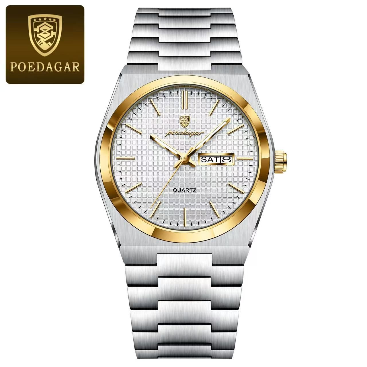 POEDAGAR  P821 Watch Stainless Steel Dual Calendar Display Men Fashion Classic Wrist Luminous Function Hardlex Glass Dial Watches