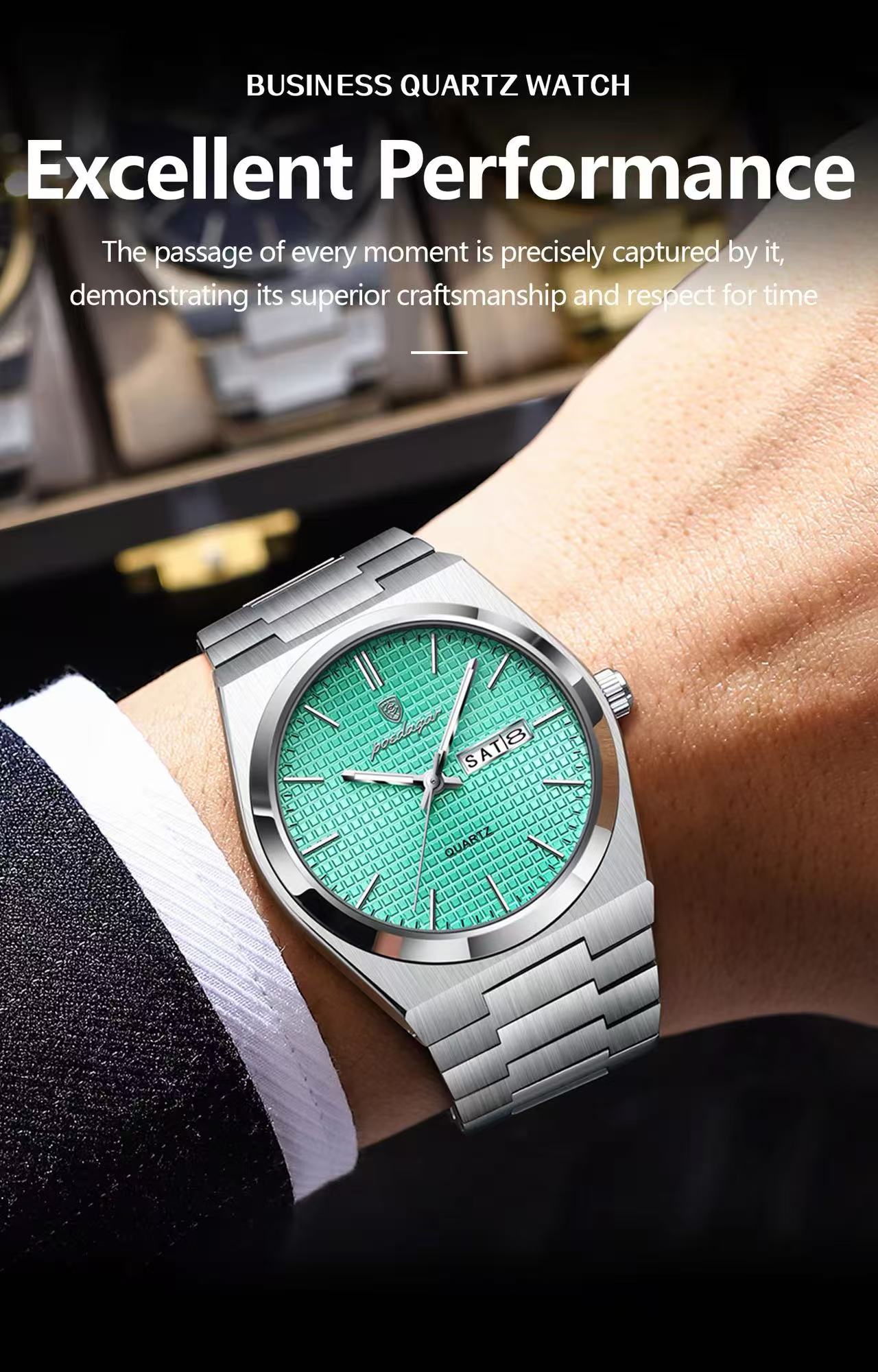 POEDAGAR  P821 Watch Stainless Steel Dual Calendar Display Men Fashion Classic Wrist Luminous Function Hardlex Glass Dial Watches