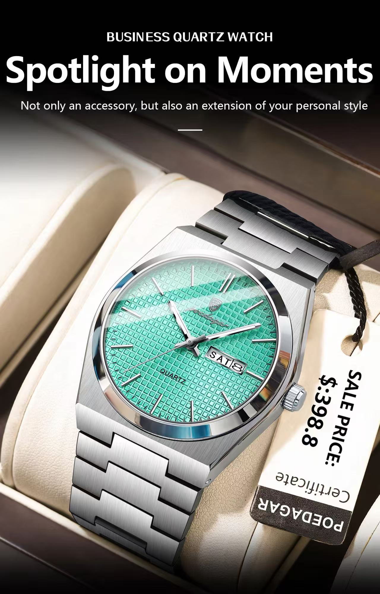 POEDAGAR  P821 Watch Stainless Steel Dual Calendar Display Men Fashion Classic Wrist Luminous Function Hardlex Glass Dial Watches