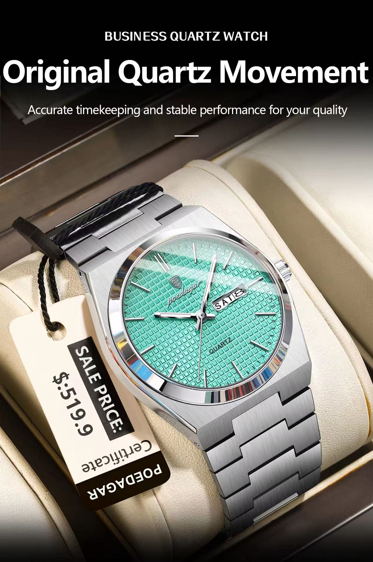 POEDAGAR  P821 Watch Stainless Steel Dual Calendar Display Men Fashion Classic Wrist Luminous Function Hardlex Glass Dial Watches