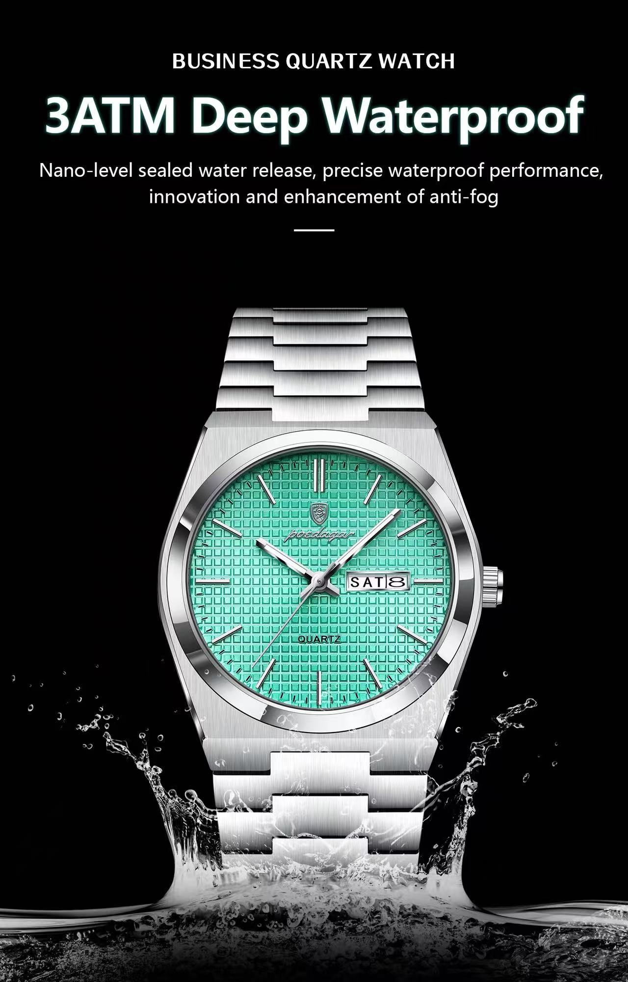 POEDAGAR  P821 Watch Stainless Steel Dual Calendar Display Men Fashion Classic Wrist Luminous Function Hardlex Glass Dial Watches