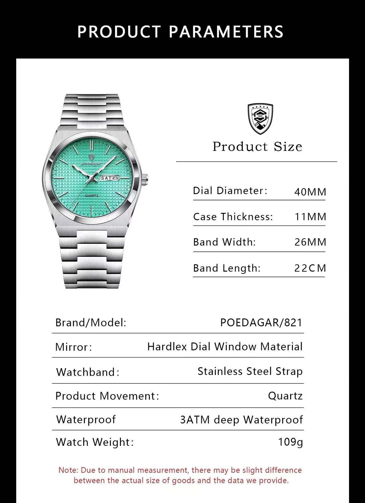 POEDAGAR  P821 Watch Stainless Steel Dual Calendar Display Men Fashion Classic Wrist Luminous Function Hardlex Glass Dial Watches