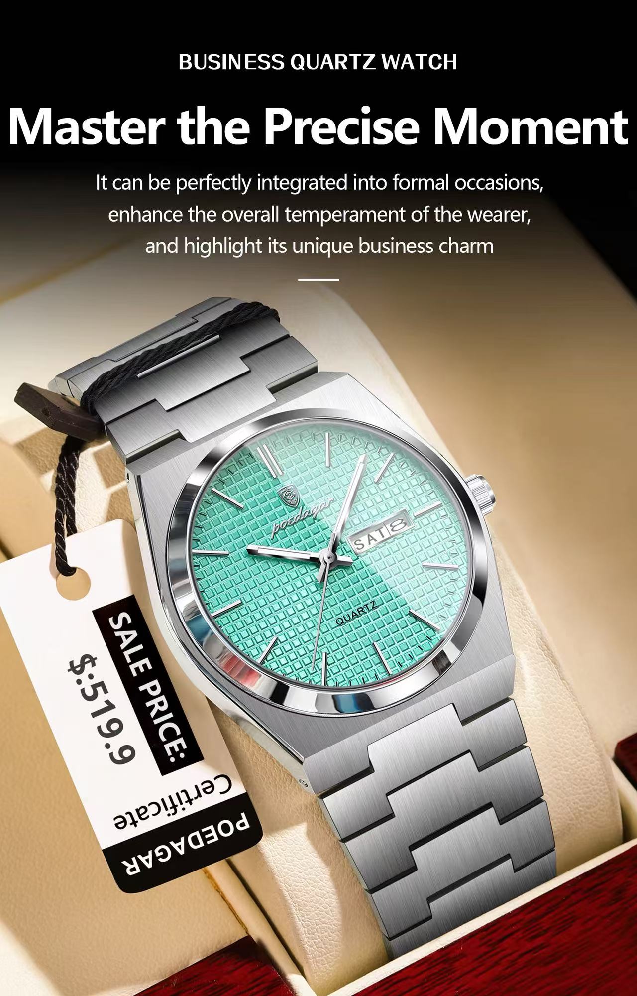 POEDAGAR  P821 Watch Stainless Steel Dual Calendar Display Men Fashion Classic Wrist Luminous Function Hardlex Glass Dial Watches
