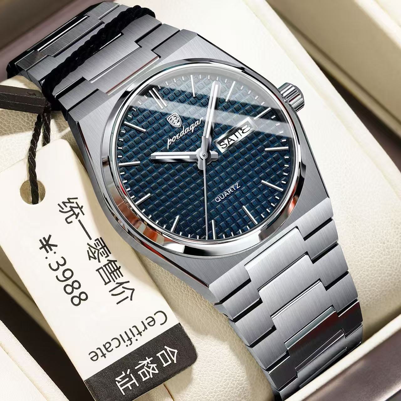 POEDAGAR  P821 Watch Stainless Steel Dual Calendar Display Men Fashion Classic Wrist Luminous Function Hardlex Glass Dial Watches