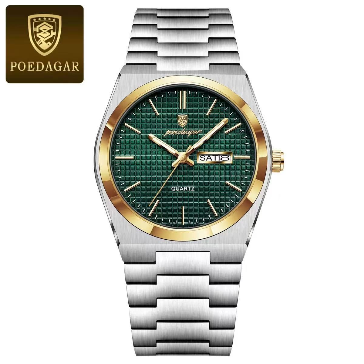 POEDAGAR  P821 Watch Stainless Steel Dual Calendar Display Men Fashion Classic Wrist Luminous Function Hardlex Glass Dial Watches