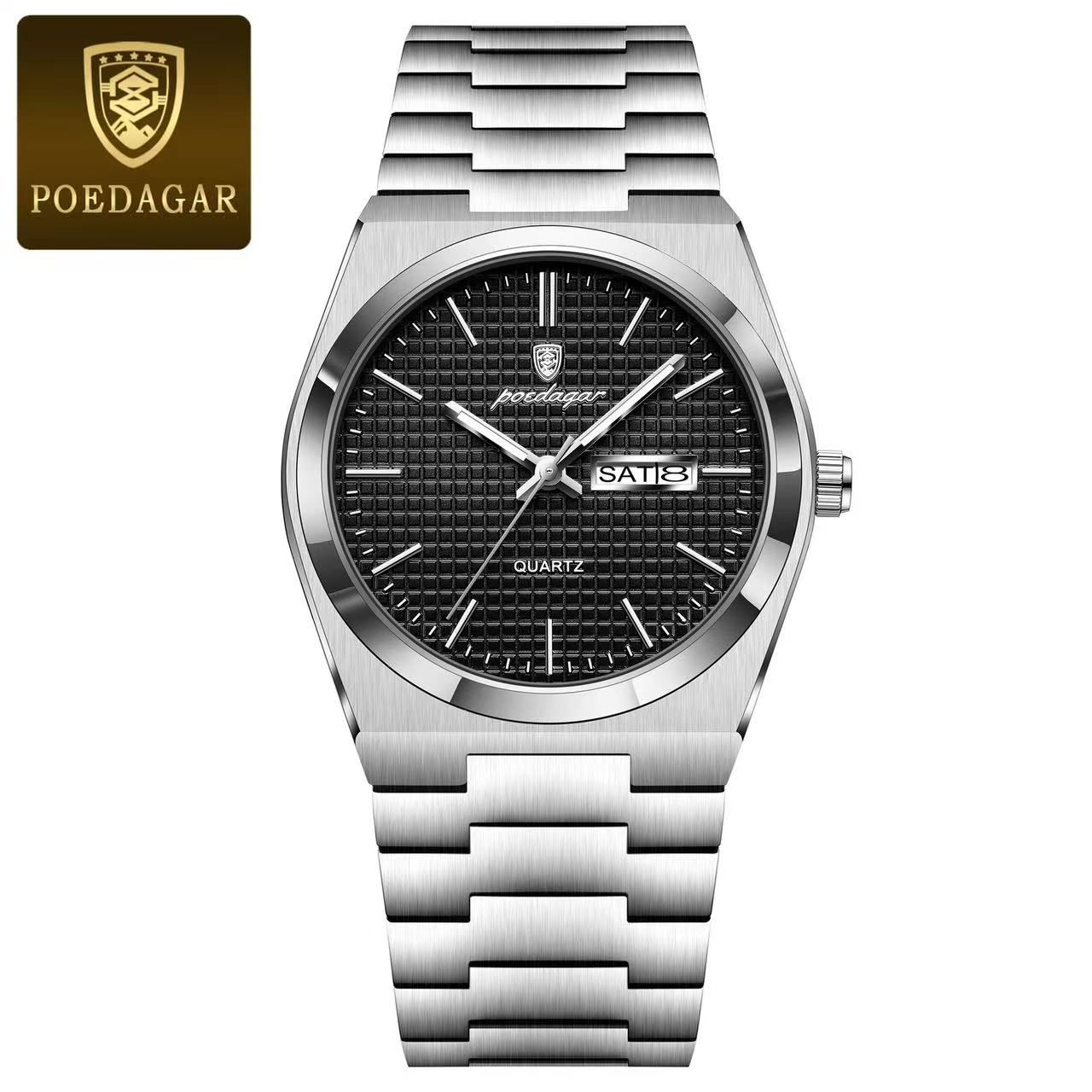 POEDAGAR  P821 Watch Stainless Steel Dual Calendar Display Men Fashion Classic Wrist Luminous Function Hardlex Glass Dial Watches
