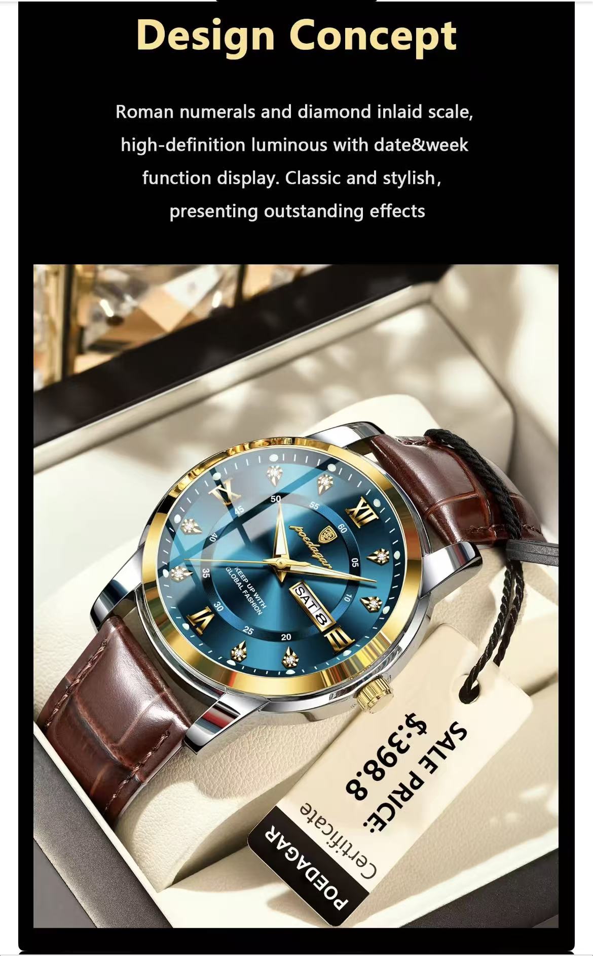 POEDAGAR 936 Luxury Man Wristwatch Waterproof Luminous Date Week Leather Sports Quartz Men's Watches for Men Male Clock Relojes