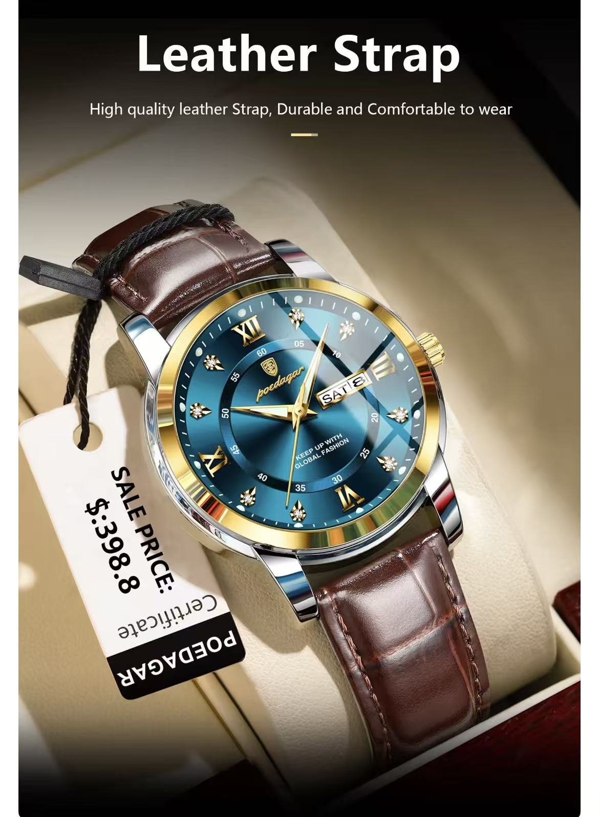 POEDAGAR 936 Luxury Man Wristwatch Waterproof Luminous Date Week Leather Sports Quartz Men's Watches for Men Male Clock Relojes