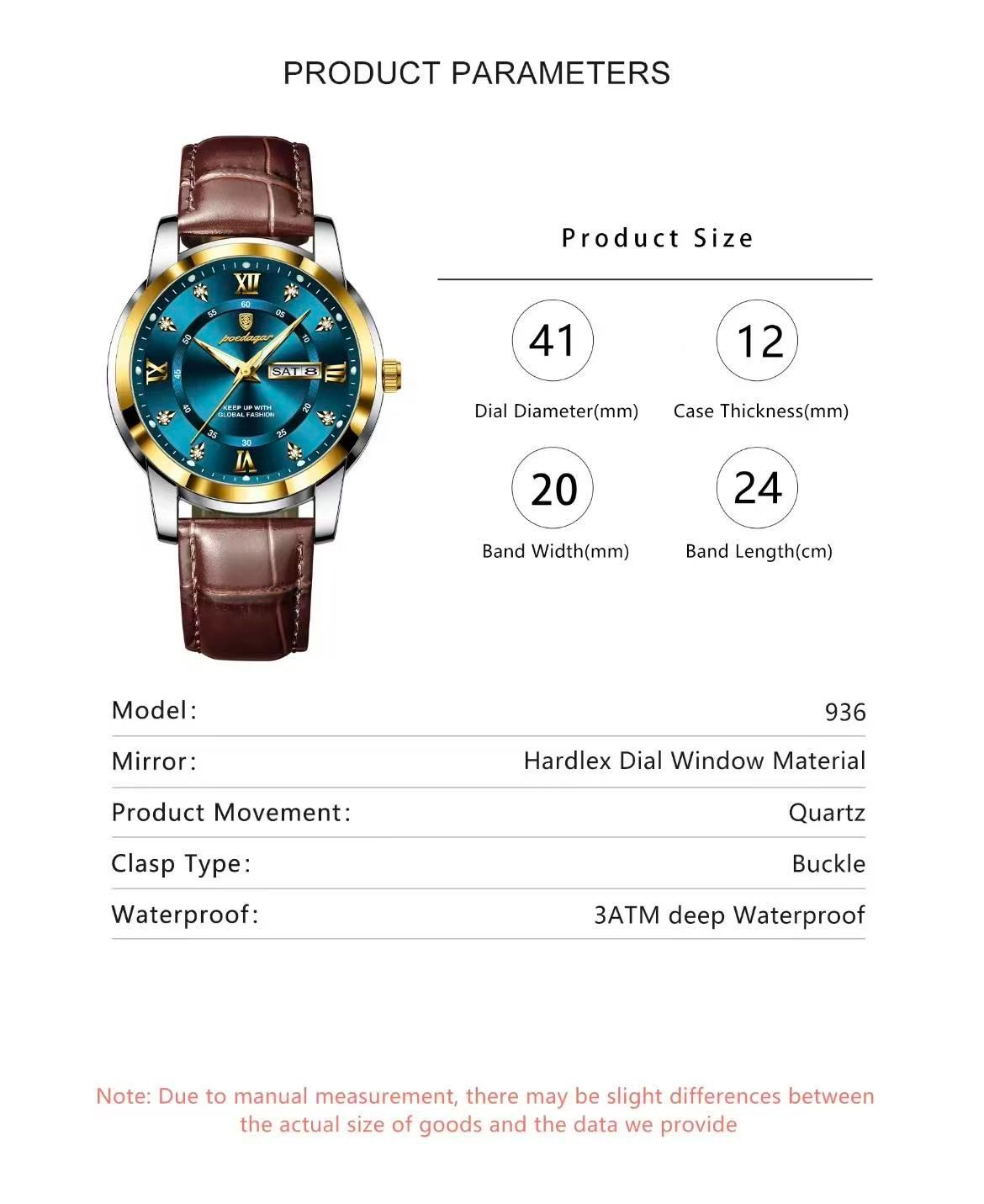 POEDAGAR 936 Luxury Man Wristwatch Waterproof Luminous Date Week Leather Sports Quartz Men's Watches for Men Male Clock Relojes