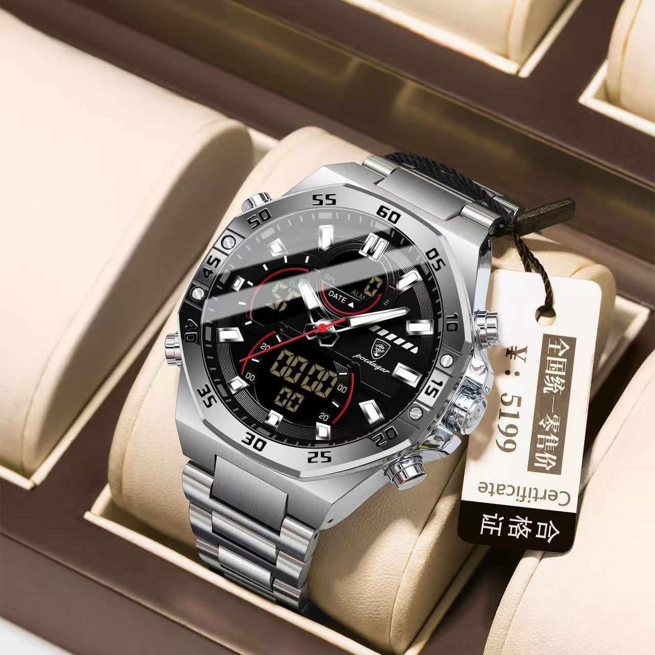 POEDAGAR E101 Electronic Stainless Wristwatch Men's Watches Quartz Digital Man Waterproof Luminous Hand Date Watch for Men Reloj