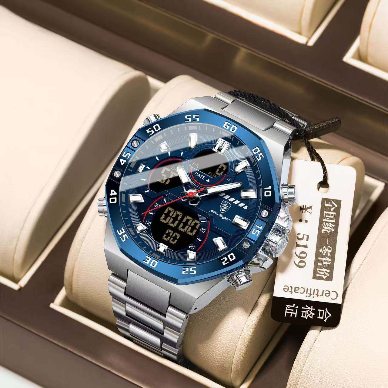 POEDAGAR E101 Electronic Stainless Wristwatch Men's Watches Quartz Digital Man Waterproof Luminous Hand Date Watch for Men Reloj