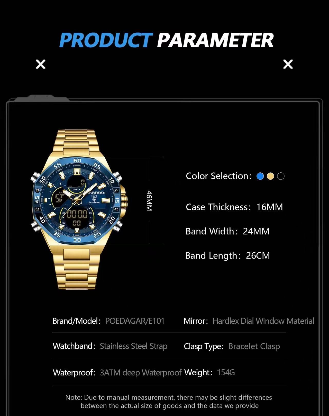 POEDAGAR E101 Electronic Stainless Wristwatch Men's Watches Quartz Digital Man Waterproof Luminous Hand Date Watch for Men Reloj