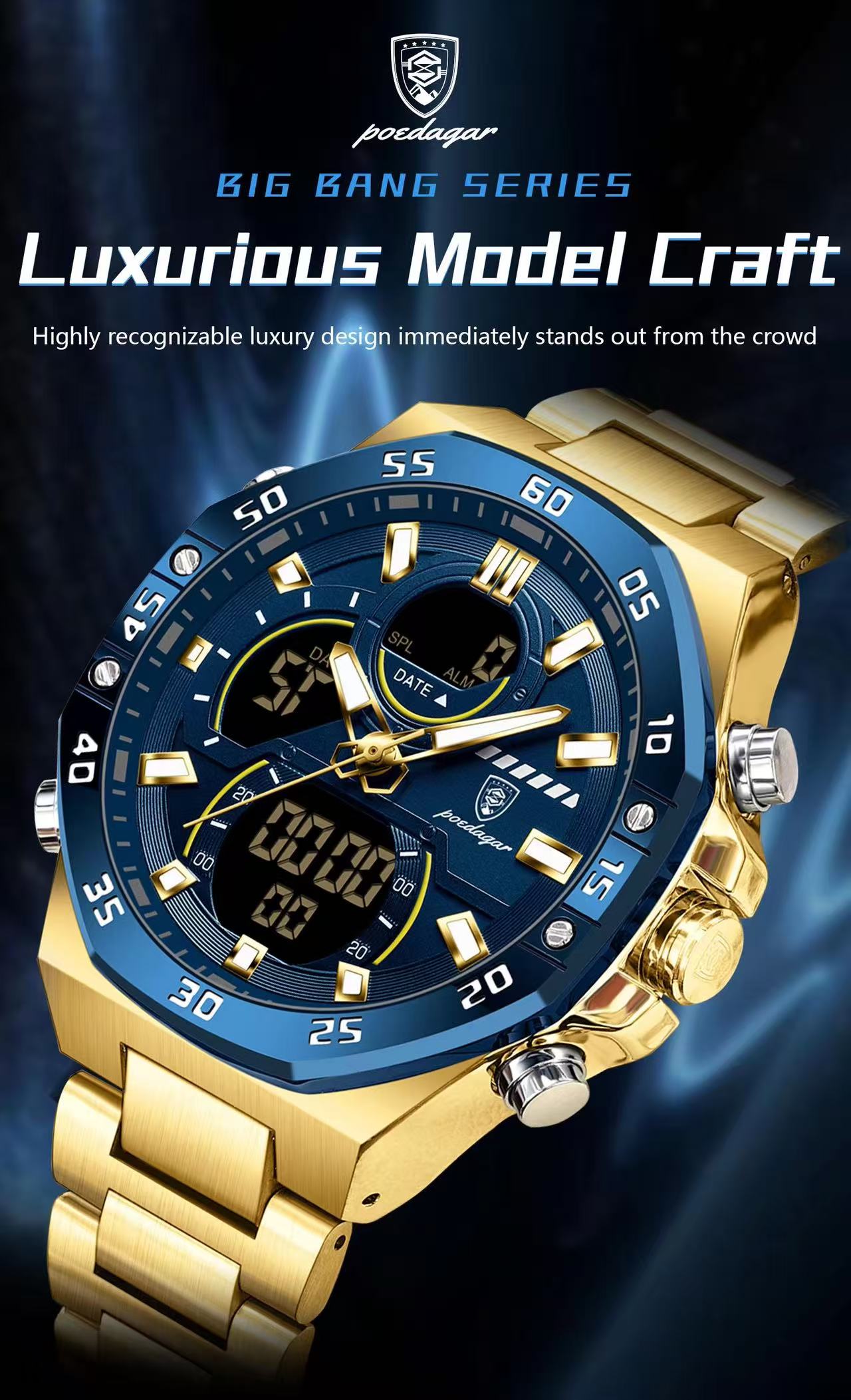 POEDAGAR E101 Electronic Stainless Wristwatch Men's Watches Quartz Digital Man Waterproof Luminous Hand Date Watch for Men Reloj