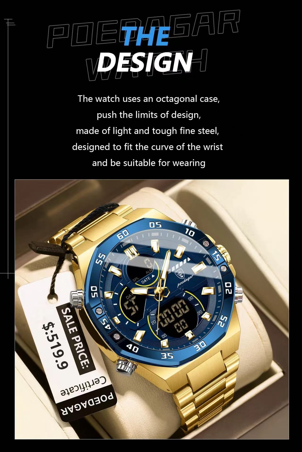 POEDAGAR E101 Electronic Stainless Wristwatch Men's Watches Quartz Digital Man Waterproof Luminous Hand Date Watch for Men Reloj
