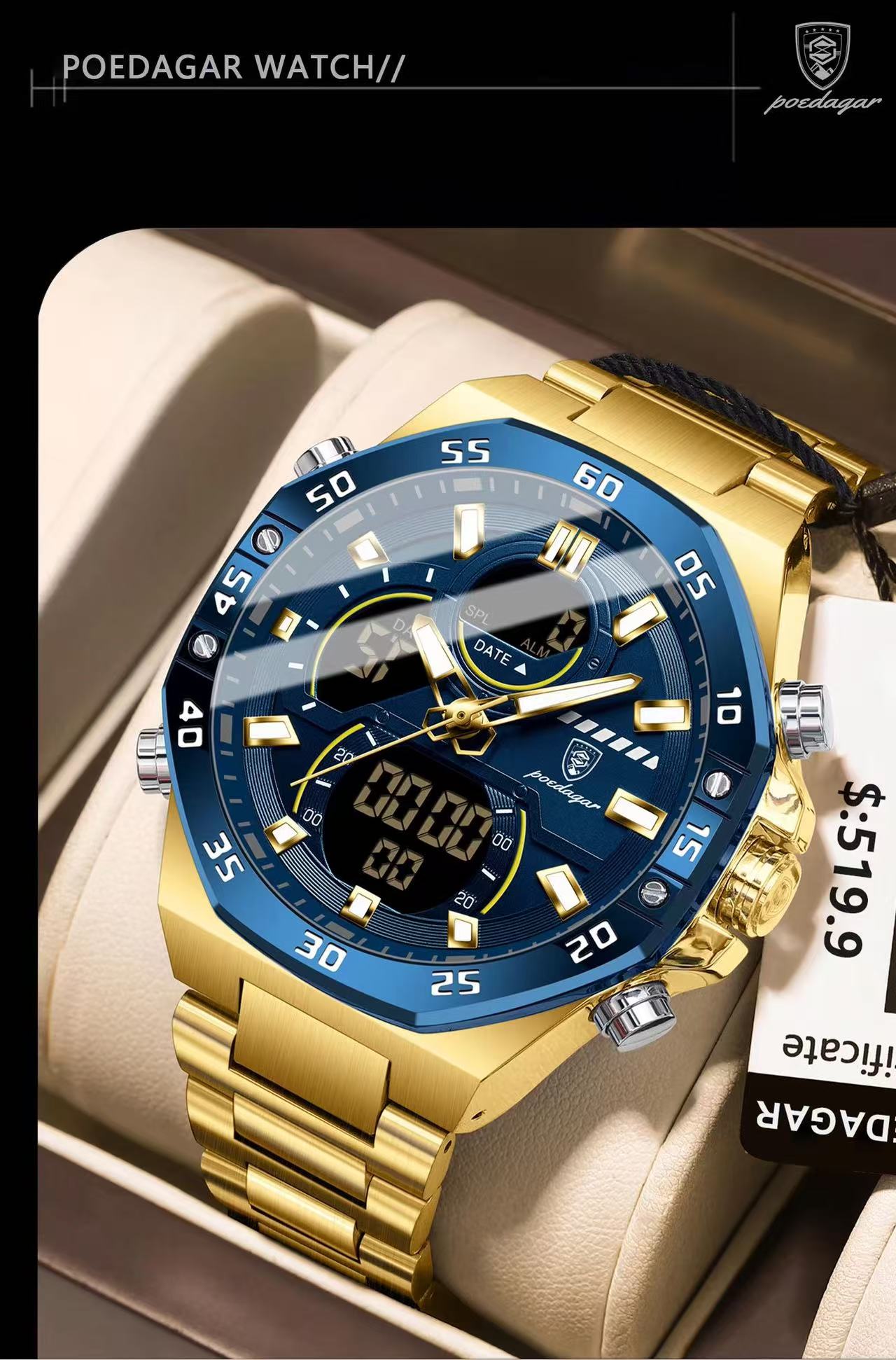 POEDAGAR E101 Electronic Stainless Wristwatch Men's Watches Quartz Digital Man Waterproof Luminous Hand Date Watch for Men Reloj