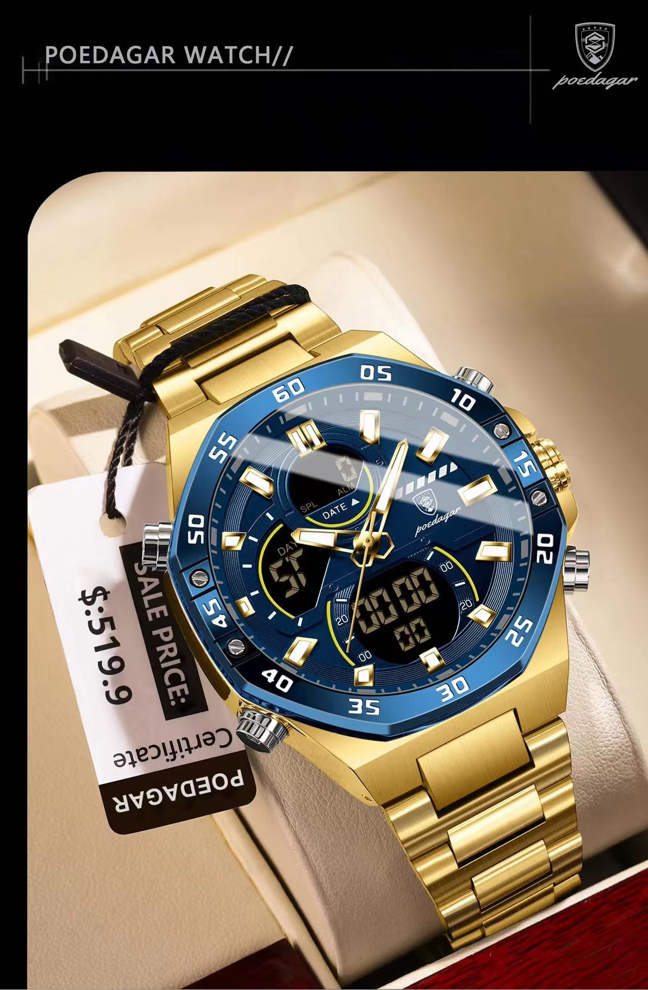 POEDAGAR E101 Electronic Stainless Wristwatch Men's Watches Quartz Digital Man Waterproof Luminous Hand Date Watch for Men Reloj