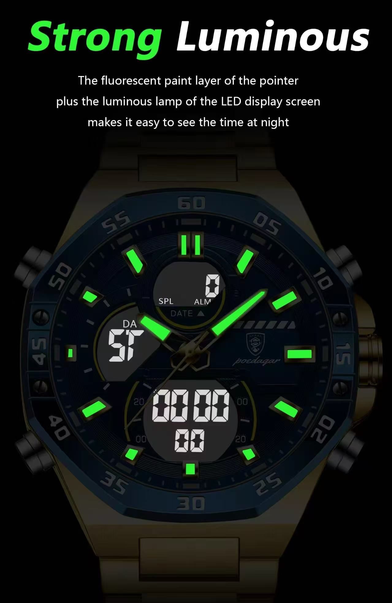 POEDAGAR E101 Electronic Stainless Wristwatch Men's Watches Quartz Digital Man Waterproof Luminous Hand Date Watch for Men Reloj