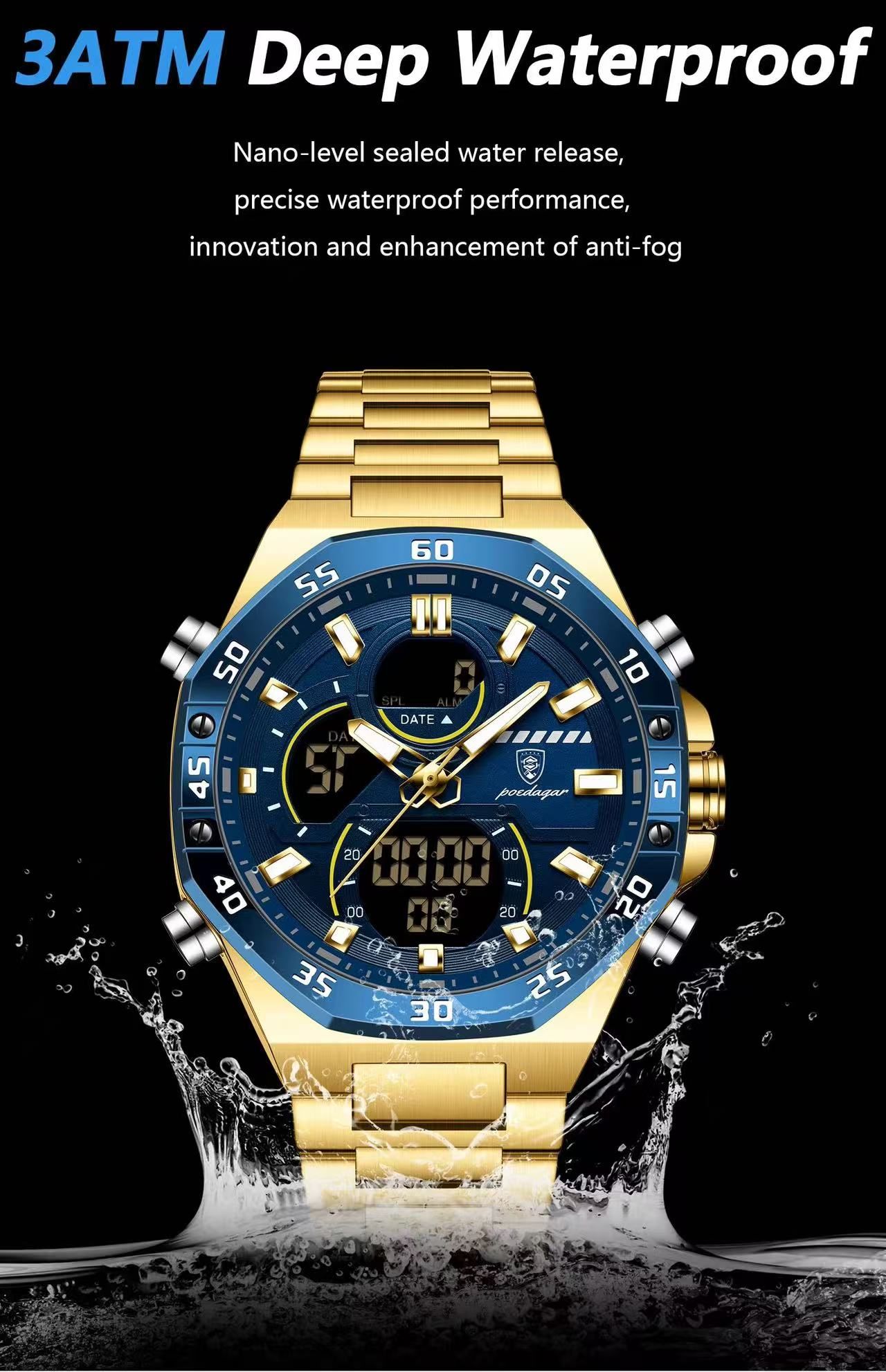 POEDAGAR E101 Electronic Stainless Wristwatch Men's Watches Quartz Digital Man Waterproof Luminous Hand Date Watch for Men Reloj