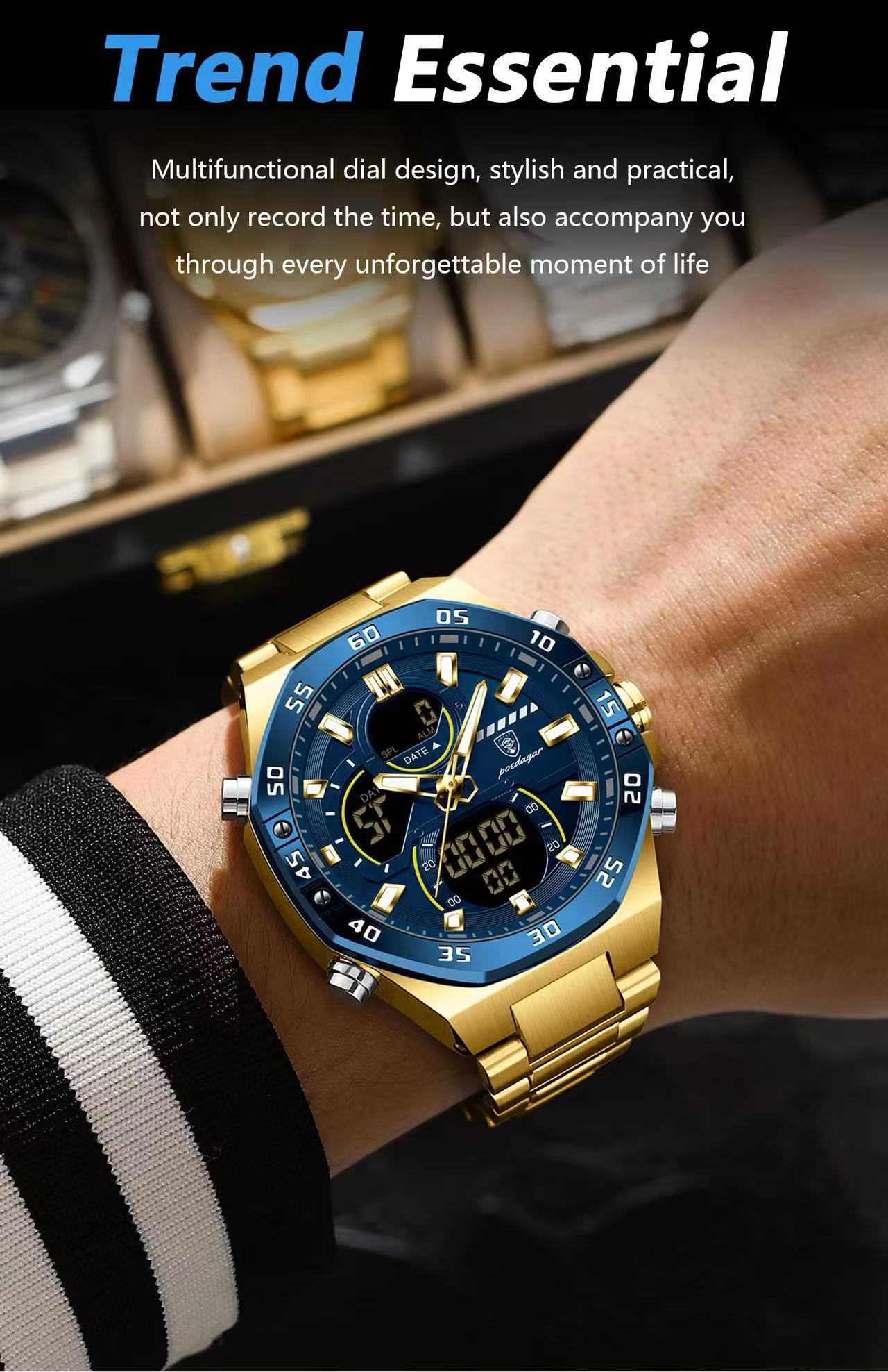 POEDAGAR E101 Electronic Stainless Wristwatch Men's Watches Quartz Digital Man Waterproof Luminous Hand Date Watch for Men Reloj