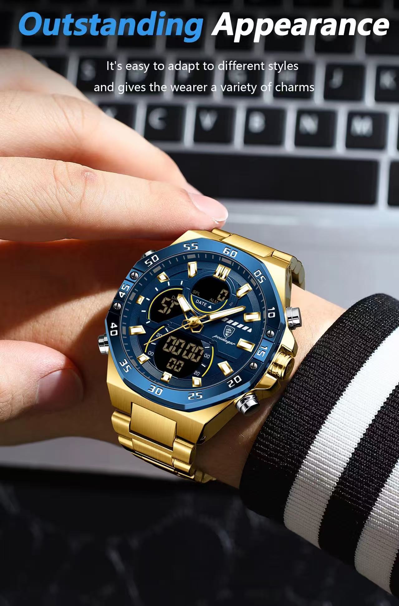 POEDAGAR E101 Electronic Stainless Wristwatch Men's Watches Quartz Digital Man Waterproof Luminous Hand Date Watch for Men Reloj