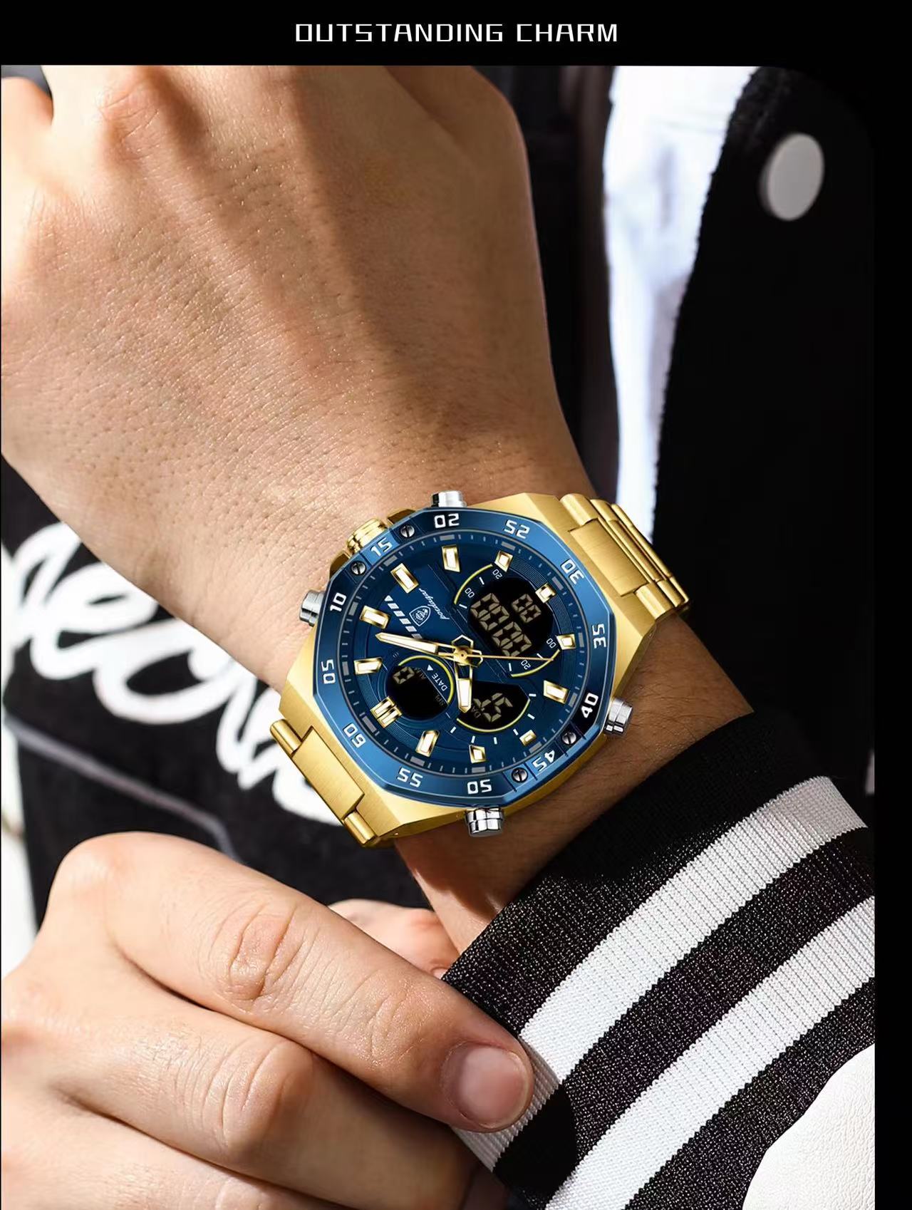 POEDAGAR E101 Electronic Stainless Wristwatch Men's Watches Quartz Digital Man Waterproof Luminous Hand Date Watch for Men Reloj