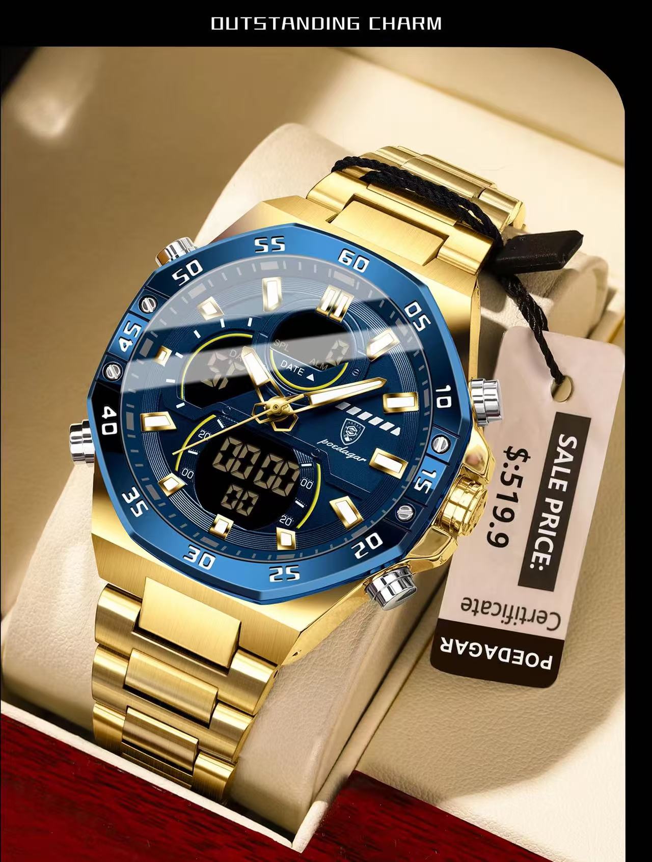 POEDAGAR E101 Electronic Stainless Wristwatch Men's Watches Quartz Digital Man Waterproof Luminous Hand Date Watch for Men Reloj