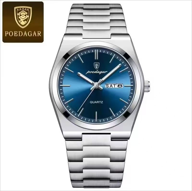 POEDAGAR 930 Mens New Luxury Watch Waterproof Luminous Date Week Stainless Steel Watch Casual Men's Quartz Watches