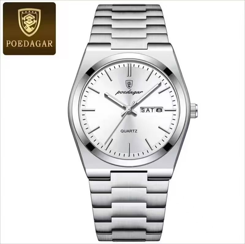 POEDAGAR 930 Mens New Luxury Watch Waterproof Luminous Date Week Stainless Steel Watch Casual Men's Quartz Watches