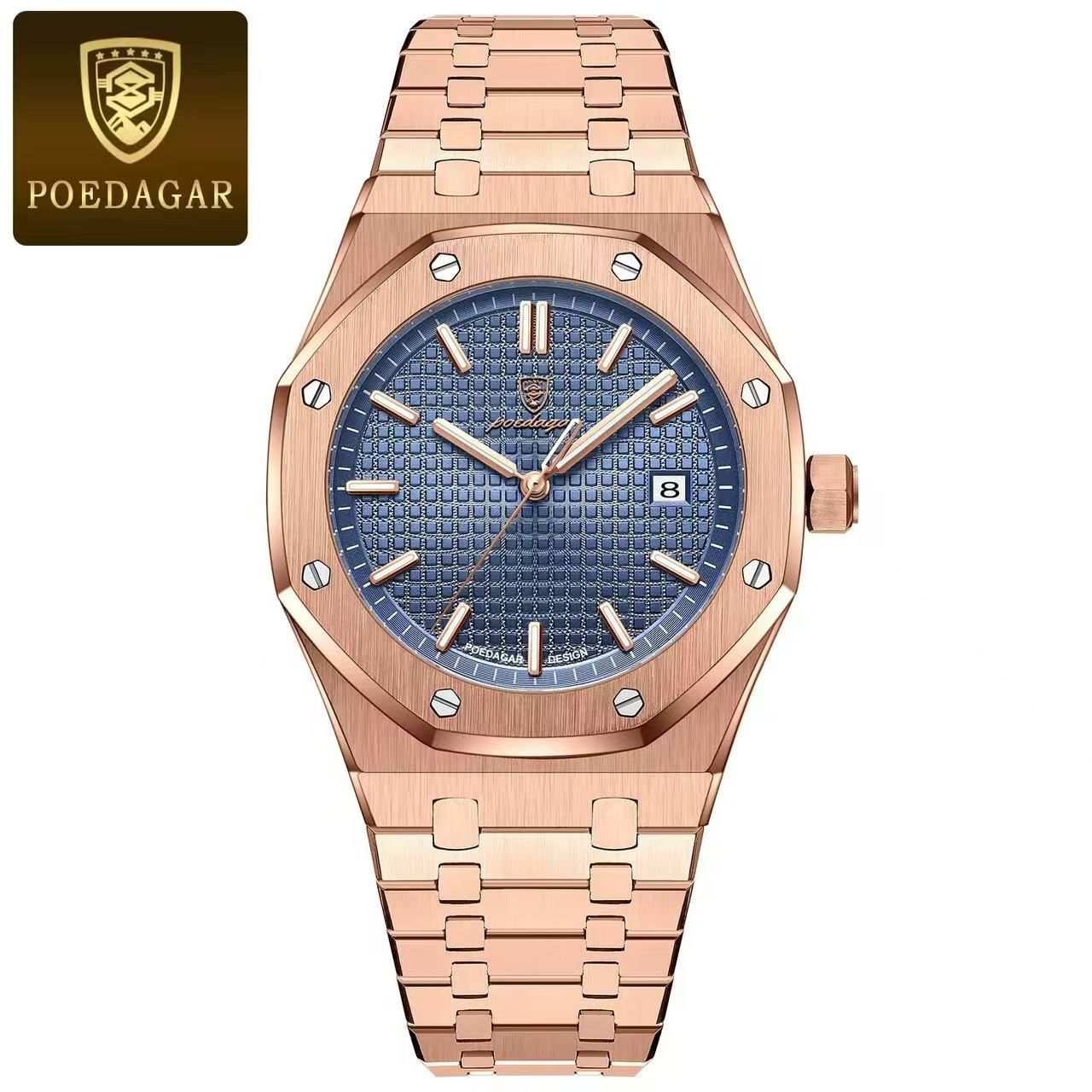 POEDAGAR 924 Men's Quartz Watch Waterproof Luminous Analog Auto Date Fashion Stainless Steel Band Wristwatch