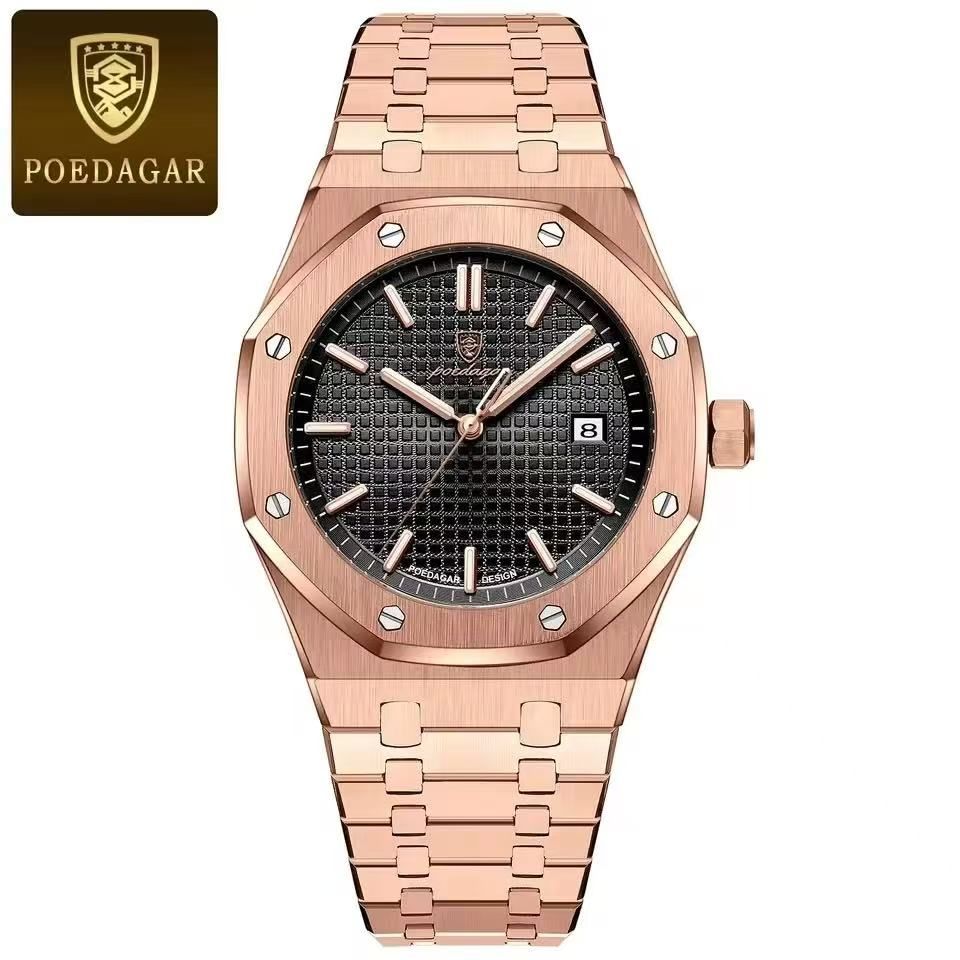 POEDAGAR 924 Men's Quartz Watch Waterproof Luminous Analog Auto Date Fashion Stainless Steel Band Wristwatch