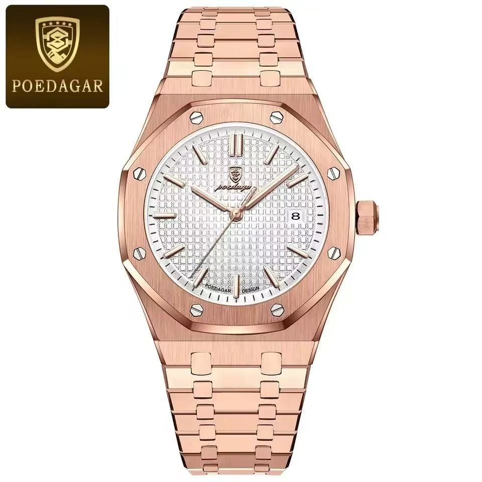 POEDAGAR 924 Men's Quartz Watch Waterproof Luminous Analog Auto Date Fashion Stainless Steel Band Wristwatch