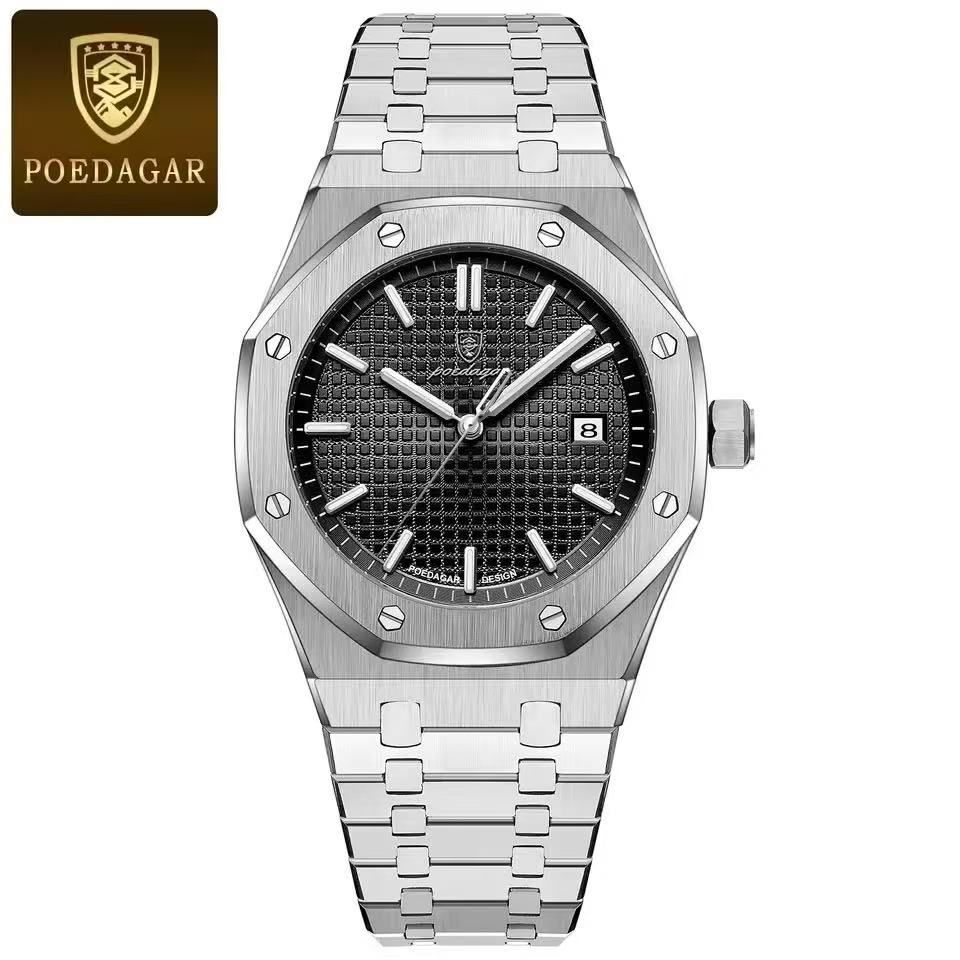 POEDAGAR 924 Men's Quartz Watch Waterproof Luminous Analog Auto Date Fashion Stainless Steel Band Wristwatch