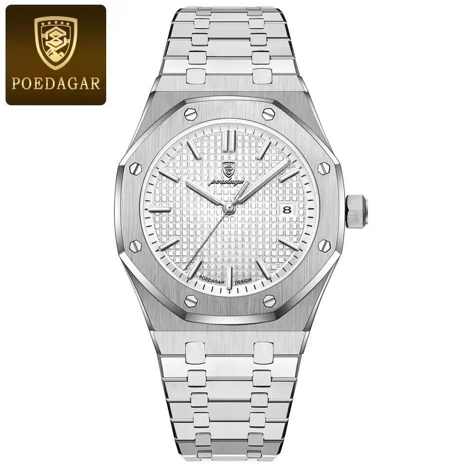 POEDAGAR 924 Men's Quartz Watch Waterproof Luminous Analog Auto Date Fashion Stainless Steel Band Wristwatch