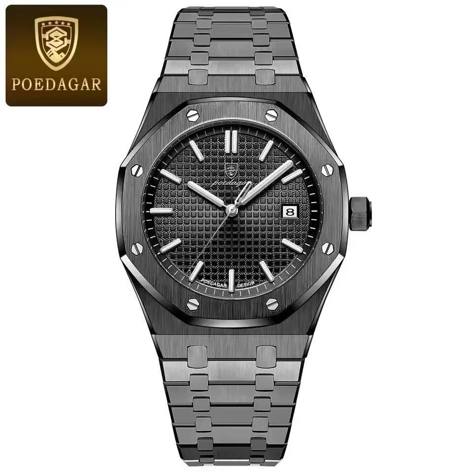 POEDAGAR 924 Men's Quartz Watch Waterproof Luminous Analog Auto Date Fashion Stainless Steel Band Wristwatch