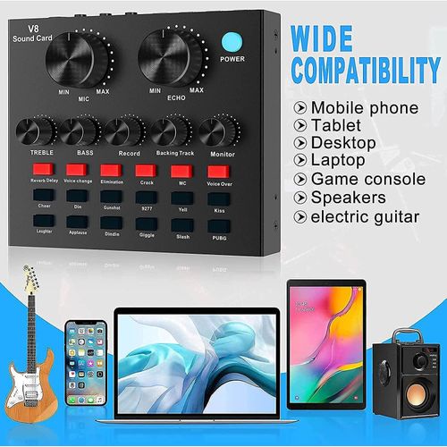 V8 Sound Card, Sound Effects Board for Podcast Equipment Bundle, Sound Board for Streaming Vlog Music recording with Voice Changer Podcast Kit for bm800 kit