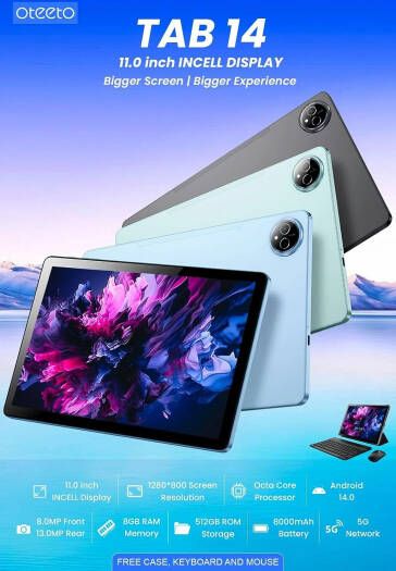 Oteeto Tab 14 5G Tablet, 11" Display, 8GB RAM, 512GB Storage, Android 14, Dual SIM, 8000mAh Battery, 8/13MP Camera, Case, Keyboard, Mouse Included, Blue