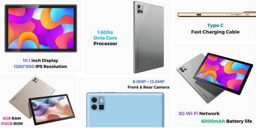 Oteeto Tab 12 Pro, 10.1" IPS Display, Octa Core 1.6Ghz Processor, 8GB RAM, 512GB ROM, Android 13, 5.0MP Front + 13.0MP Rear Camera, 5G/Wi-Fi, 6000mAh Battery, Green