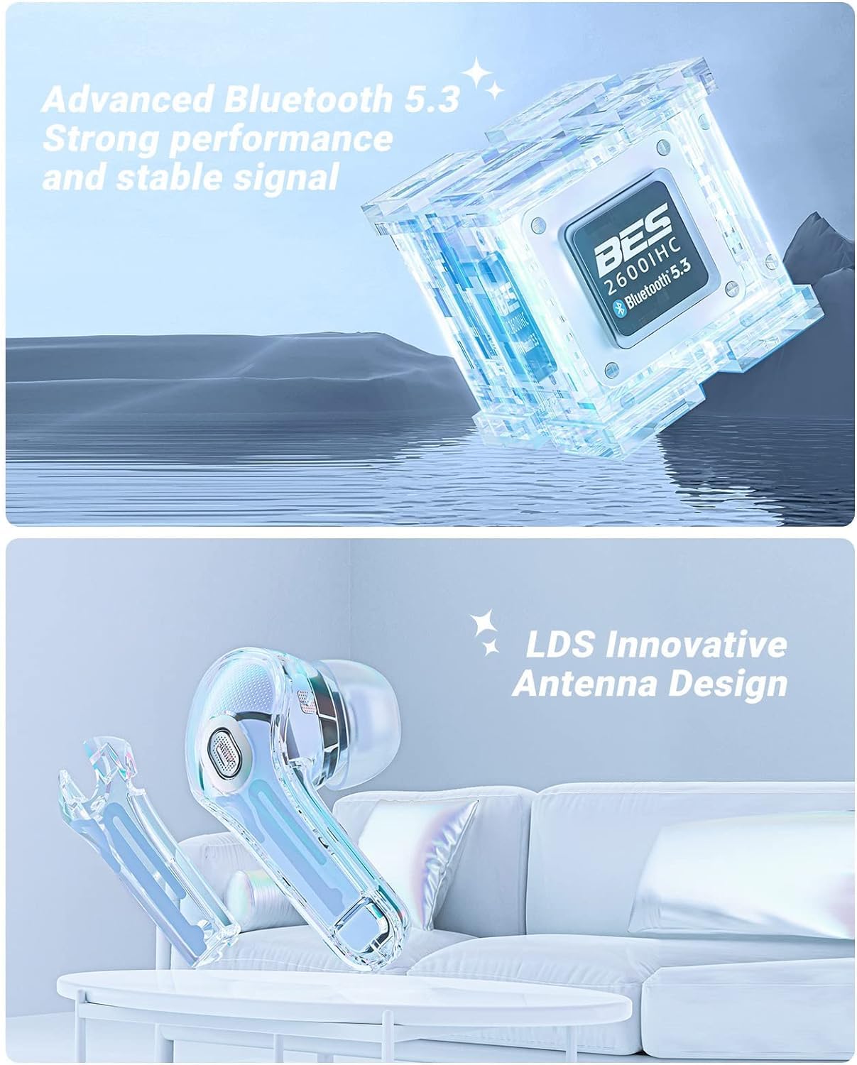 Earphone V5.3 ENC Earpods Tws Earbud Transparent shell - Blue