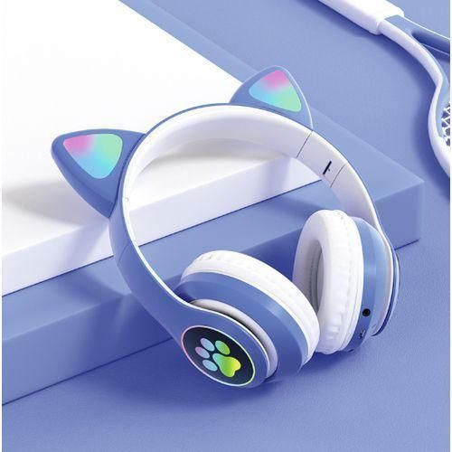 Fancy Cat Ear Wireless Bluetooth Over-Ear Headphones for Kids, Foldable for Girls, Cute Cat Ears with LED Light, Wireless Sound for Kids, Bluetooth 5.0 Headphones for Tablet/Cell Phone/PC (BLUE)