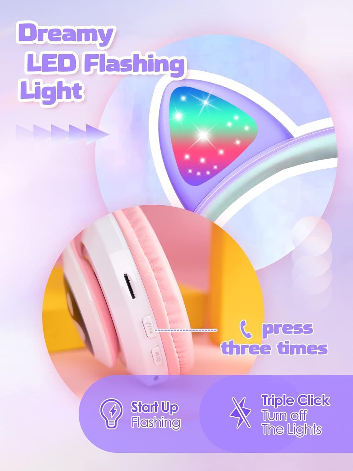 Fancy Cat Ear Wireless Bluetooth Over-Ear Headphones for Kids, Foldable for Girls, Cute Cat Ears with LED Light, Wireless Sound for Kids, Bluetooth 5.0 Headphones for Tablet/Cell Phone/PC (BLUE)