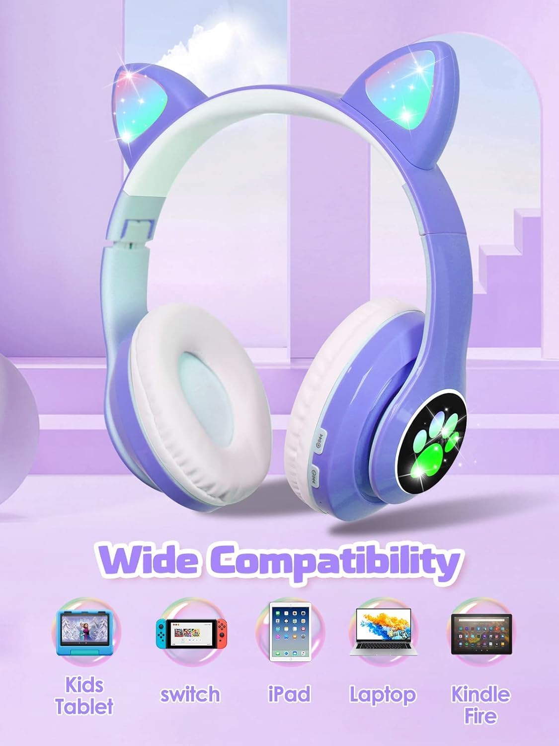 Fancy Cat Ear Wireless Bluetooth Over-Ear Headphones for Kids, Foldable for Girls, Cute Cat Ears with LED Light, Wireless Sound for Kids, Bluetooth 5.0 Headphones for Tablet/Cell Phone/PC (BLUE)
