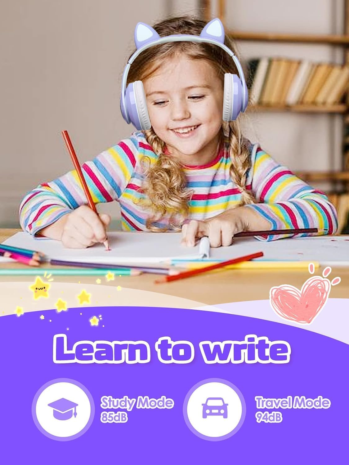 Fancy Cat Ear Wireless Bluetooth Over-Ear Headphones for Kids, Foldable for Girls, Cute Cat Ears with LED Light, Wireless Sound for Kids, Bluetooth 5.0 Headphones for Tablet/Cell Phone/PC (BLUE)