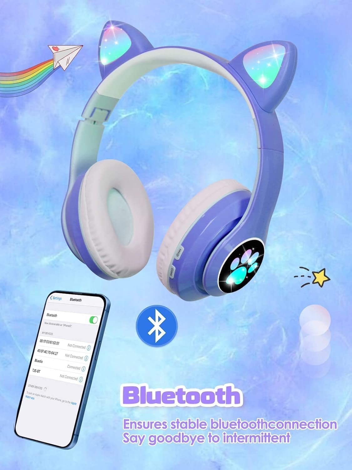 Fancy Cat Ear Wireless Bluetooth Over-Ear Headphones for Kids, Foldable for Girls, Cute Cat Ears with LED Light, Wireless Sound for Kids, Bluetooth 5.0 Headphones for Tablet/Cell Phone/PC (BLUE)