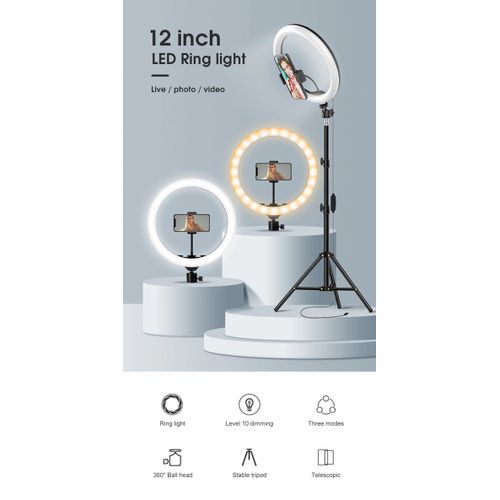 12 Inch LED Ring Light With 210mm Stand Tripod, Wireless Lapel Microphone And Bluetooth Remote