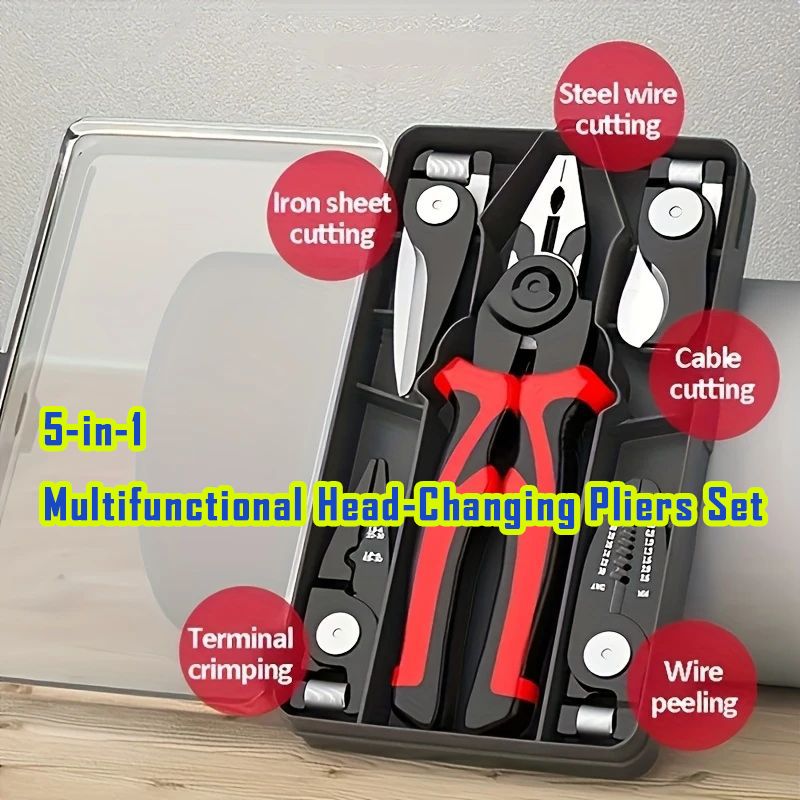 5-in-1 Electrician’s Tool – Interchangeable Head Pliers for Stripping, Cutting, Crimping & More | Pro-Grade Wire & Cable Tool Set