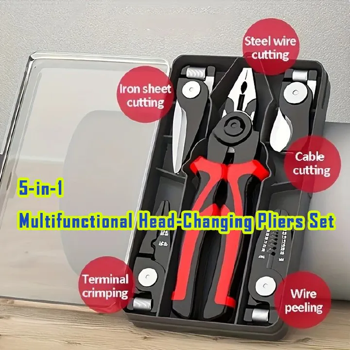 5-in-1 Electrician’s Tool – Interchangeable Head Pliers for Stripping, Cutting, Crimping & More | Pro-Grade Wire & Cable Tool Set