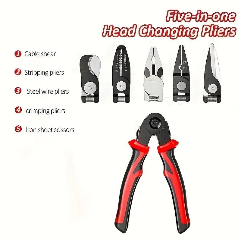 5-in-1 Electrician’s Tool – Interchangeable Head Pliers for Stripping, Cutting, Crimping & More | Pro-Grade Wire & Cable Tool Set