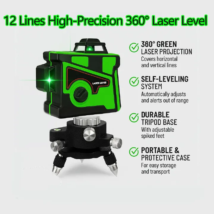 12 Lines High-Precision 360° Laser Level with Tripod Base & Carrying Case – Self-Leveling for Construction & DIY